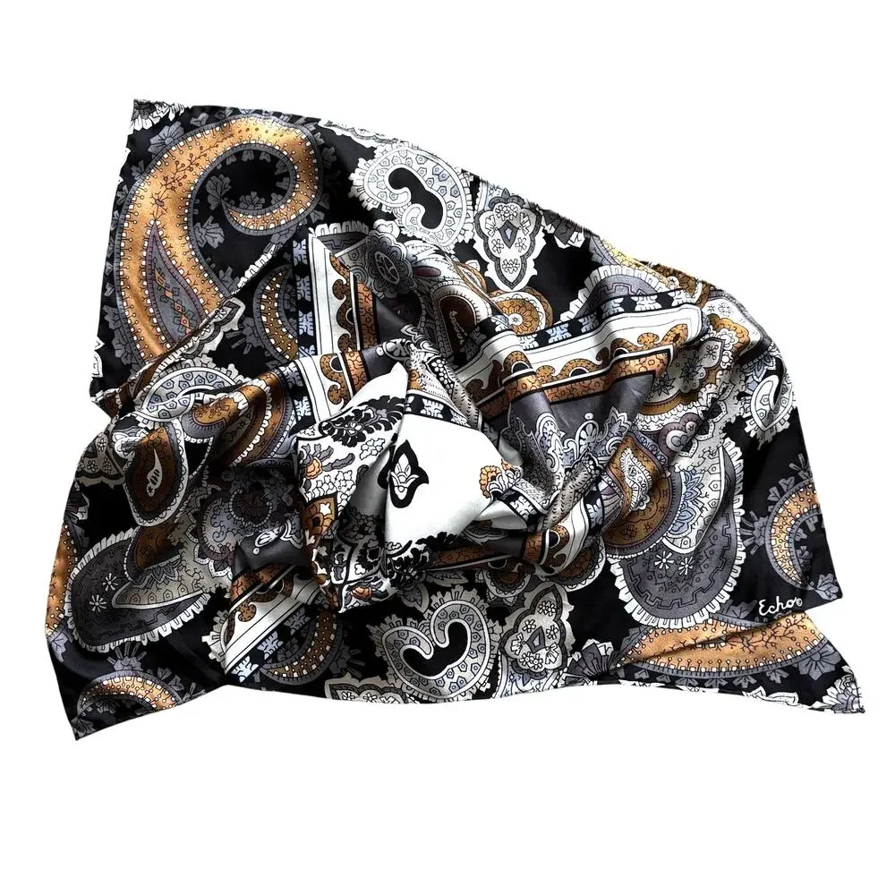 Vintage ECHO silk scarf black tan gray white paisley geometric 30